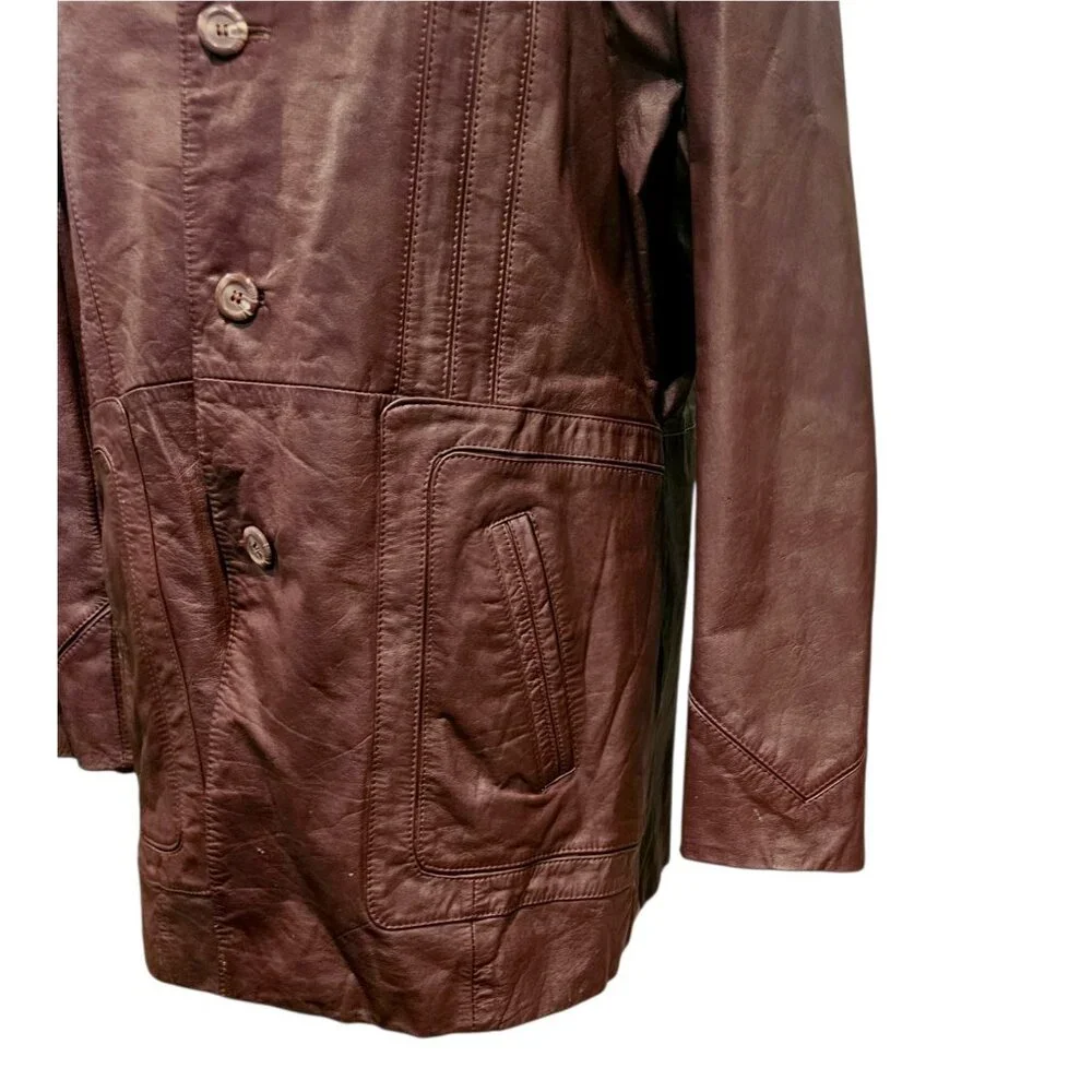 70s Dark Cherry Red Brown Leather‎ Coat Removable Sherpa Liner Sz 50 XL Disco
